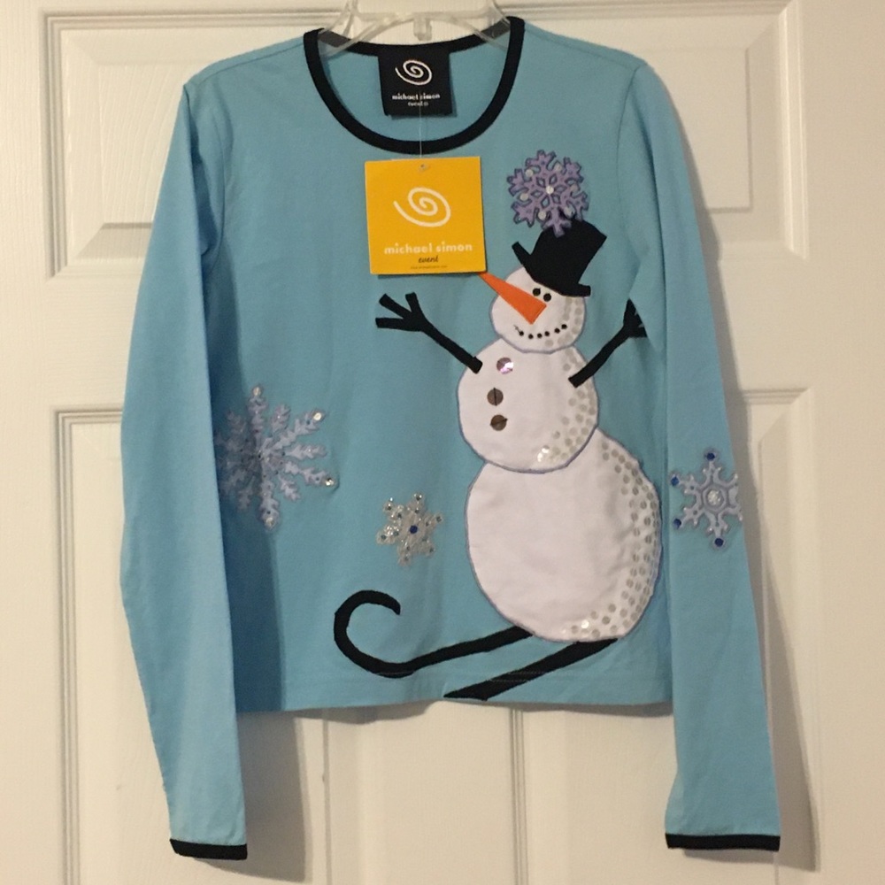 New Michael Simon Event Sequin Snowman Snowflakes Tee Kids Large - Picture 1 of 8